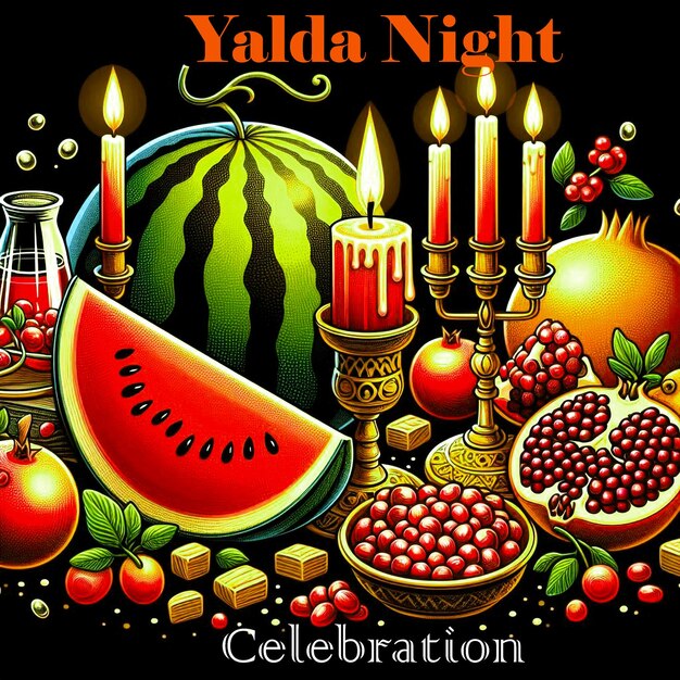 Poster Happy Yalda Night With Candle Fruit It